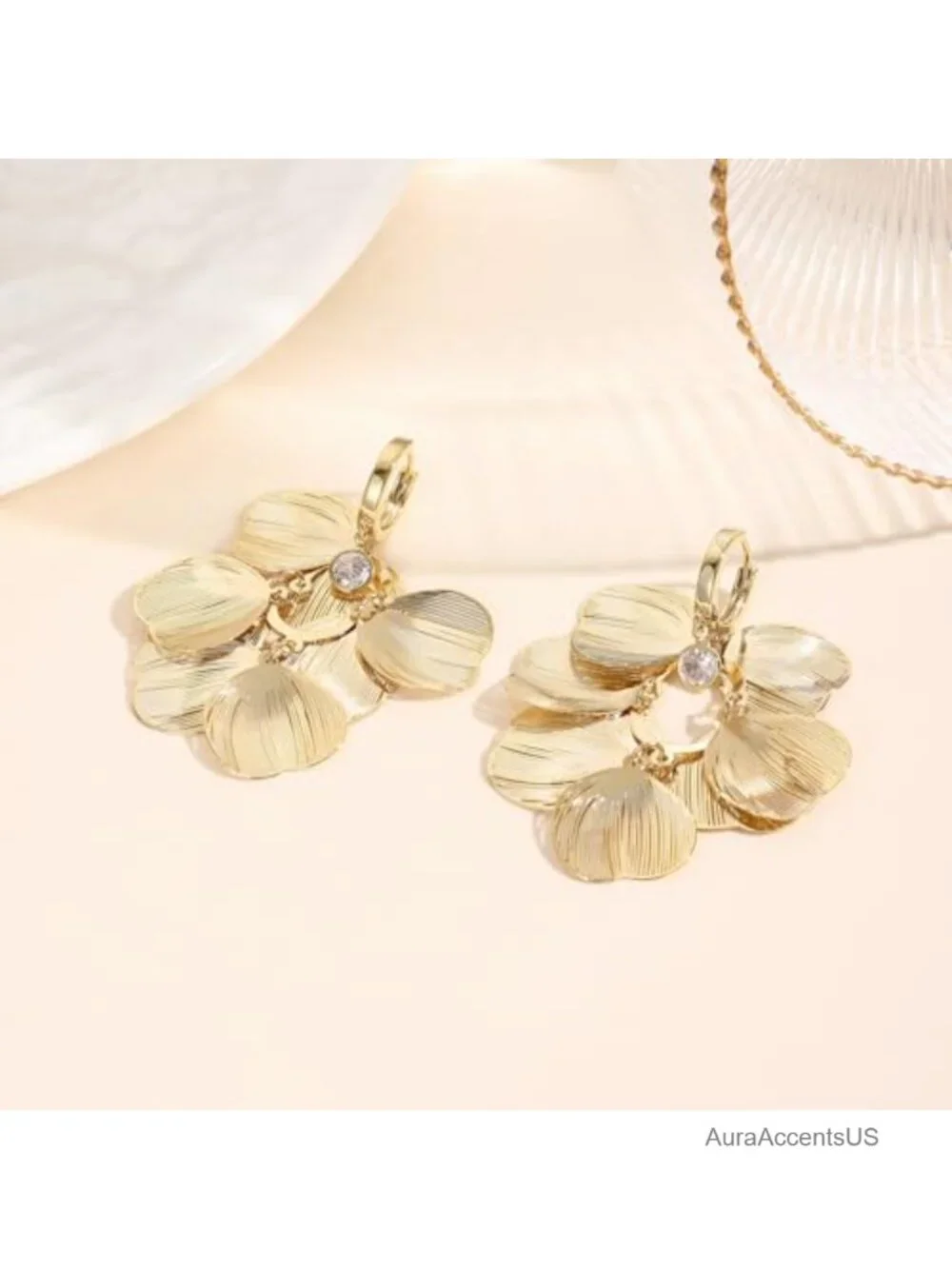 Boho Flower Layered Floral Leaf Drop Dangle Earrings Women 14k Gold Plated CZ